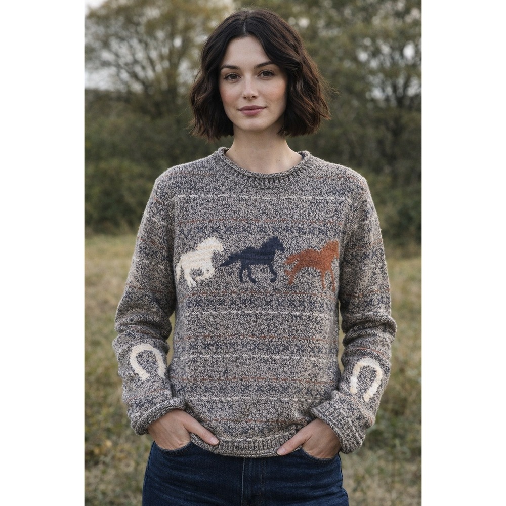 Vintage western Womens XL Brown Horse Equestrian Knit Sweater Horseshoe Star